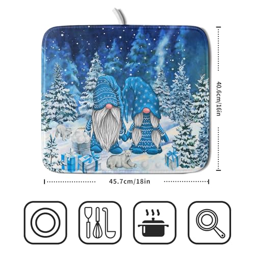Winter Blue Gnome Dish Drying Mat for Kitchen Counter Pine Tree Microfiber Dish Pad Absorbent Reversible Fast Dry Draining Mats 16x18 Inch (Blue Winter Gnome / 16" x 18")