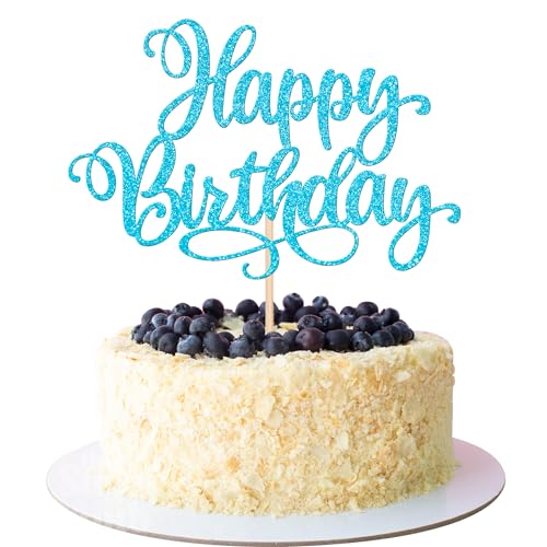 1 PCS Happy Birthday Cake Topper Glitter Cake Pick for Celebrating Anniversary Party Cake Decorations Supplies Lake Blue