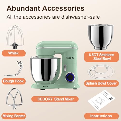 3-IN-1 Electric Stand Mixer, 6.5QT Bowl 660W 10-Speed Kitchen Mixer, Household Food Mixers include Dough Hook, Beater and Whisk, Bread Cake Mixer for Baking and Most Home Cooks, Agave Green (Agave Green)