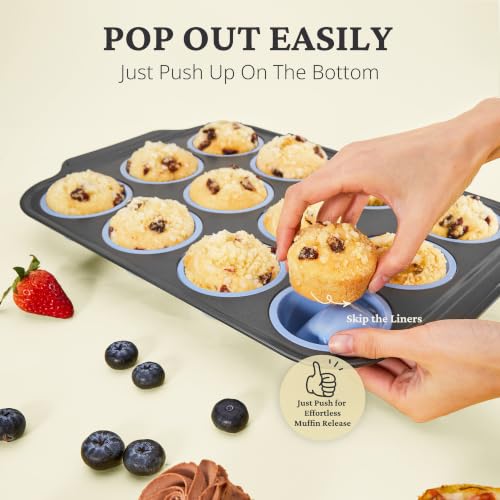 2 Pack 12 Cup and Mini 24 Cup Silicone Muffin Pans for Baking with Metal Frame (Blue / 12-Cup + 24-Cup Set)