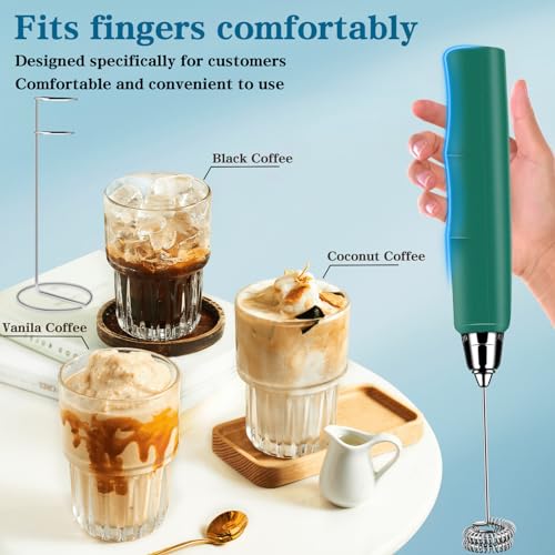 Milk Frother Wand Rechargeable Handheld Whisk Coffee 3 Speed Adjustable (Frother with stand / Green)