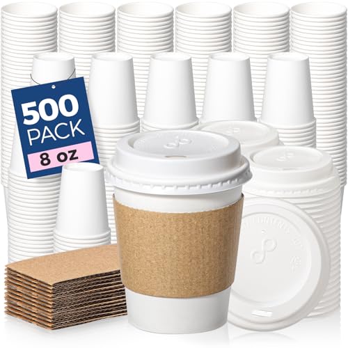 500 Pack 8 oz Disposable Coffee Cups with Lids (8 oz / Classic)