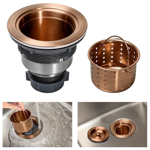 3/1-2 Inch Sink Drain Assembly Antique Copper Kitchen Sink Drain Kit Copper Stainless Steel Sink Basket Strainer Rubber Stopper, Sealing Lid/Removable Deep Waste Basket for Home, Kitchen