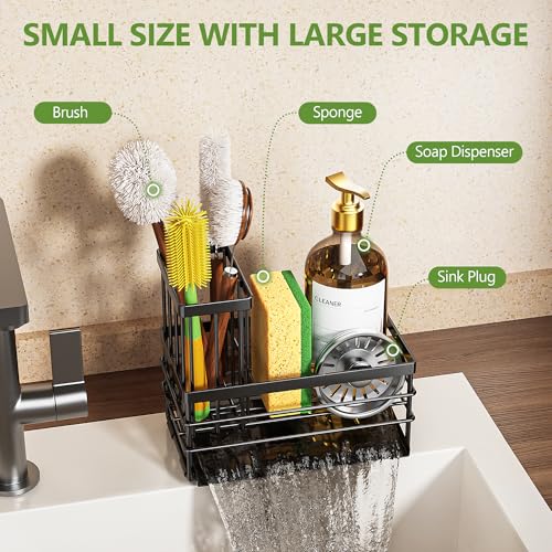 Sink Caddy Sponge Holder for Kitchen with Brush Holder and Stainless Steel Self Drain Tray (8.26'' / Black)