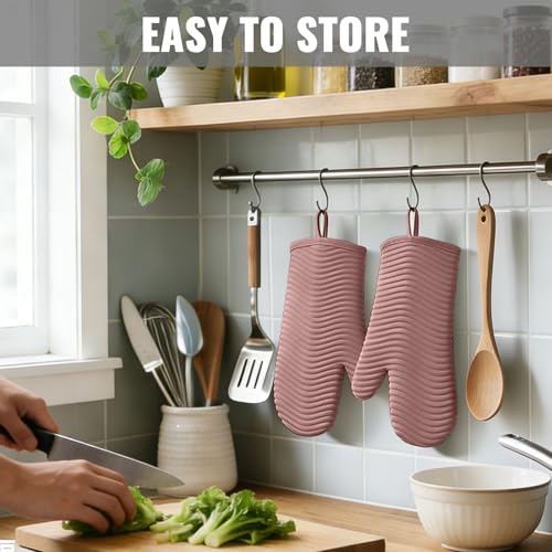 Silicone Oven Mitts (2PCS-12"L x 7"W/PINK-WAVE SURFACE)