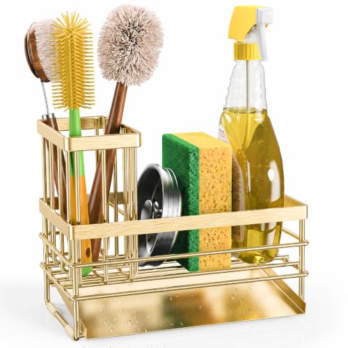 Gold Sink Caddy Sponge Holder for Kitchen with Brush Holder and Stainless Steel Self Drain Tray (8.26'' / Gold)