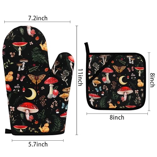 Mushroom Oven Mitts and Pot Holders Sets Cute Oven Gloves Heat Resistant 4 Pcs Funny Decorative Kitchen Hot Pads and Mitts for Baking Cooking Grilling (Black Red)