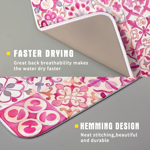 Pink Mexican Tiles Dish Drying Mat Absorbent Microfiber Dish Drying Pad for Kitchen Multi (Mexican Tiles Pink / 18" x 16")