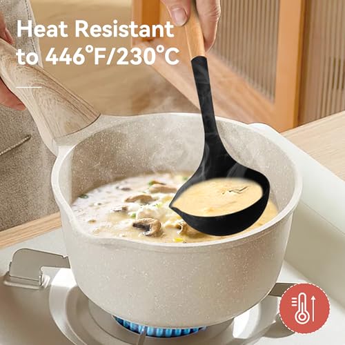 6 Pcs Silicone Kitchen Utensils Set Wood Handle BPA (Black-A / 6 Piece)