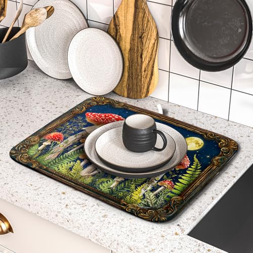 Mushroom Microfiber Dish Drying Pad Absorbent Dish Drainer Kitchen Counter Small 16 X 18 In (Funny Mushroom 829 / 18" x 16")