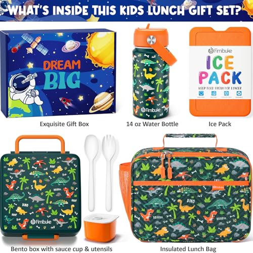 Kids Bento Lunch Box with Toddler Insulated Water Bottle Lunch Bag (A6. Green Dinosaur)