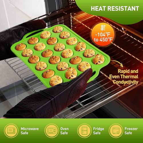 2 Packs 24 Cups Silicone Muffin Pan with Metal Reinforced Frame Mini Size Cupcake Pan Tray Egg Bites Silicone Circle Cookie Molds Muffin Tin Tart Pans Baking Sheet Set for Breakfast Sandwiches (2pc: 24-Cup Mini / Green)