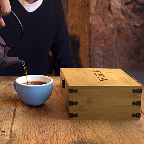 Tea Organizer Box 7.4" x 8.1" x 4.2" Bamboo Wood Organizer Storage Chest 4 Tall Adjustable Slots 100% Handmade Eco (4-Slot Square / Tea)