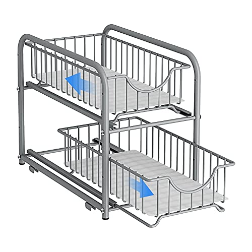 2 Tier Pull Out Organizer Under Sink Sliding Cabinet Rack (Silver)