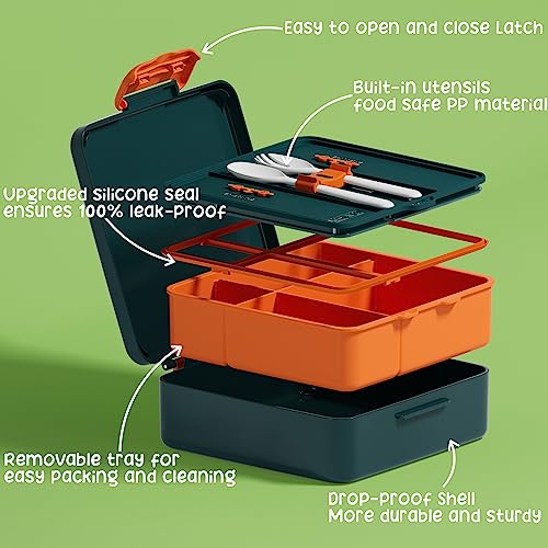 Kids Bento Lunch Box with Toddler Insulated Water Bottle Lunch Bag (A6. Green Dinosaur)