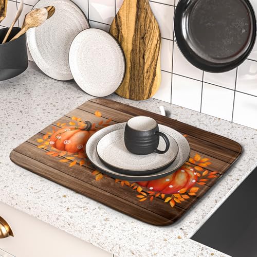 Autumn Pumpkin Dish Drying Mat Rustic Wood Dish Drainer Mats Fast Dry Microfiber Reversible Dish Drying Pad Kitchen Decoration 16x18 inch (Pumpkin Wood / 16 x 18 inch)