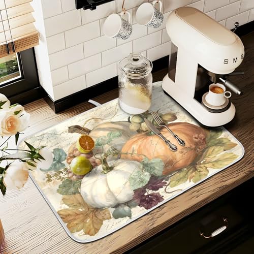 Autumn Pumpkin Fall Leaves Thanksgiving Dish Drying Mat for Kitchen Counter Absorbent Microfiber Large Drying Pad Dish Mats for Kitchen Countertops 18 x 24 Inch (24" x 18")