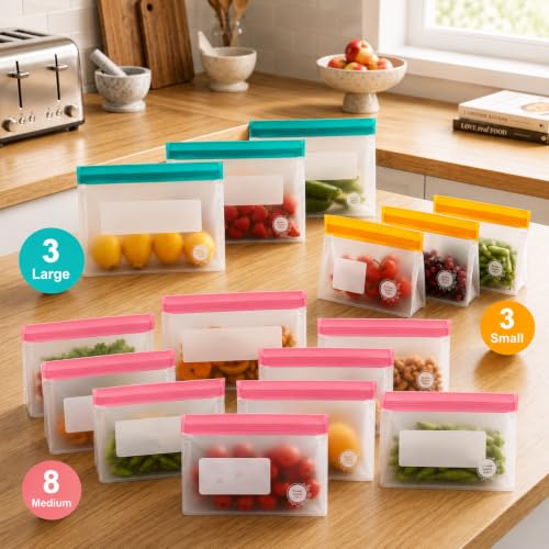 Reusable Food Storage Bags (14 Pack of 3 Large, 8 Medium, 3 Small Bags (Multicolors))