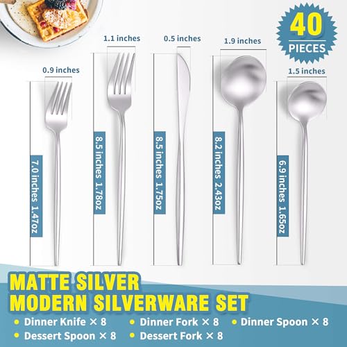 Matte Silverware Set for 8 (Silver / 40 Pieces Set)