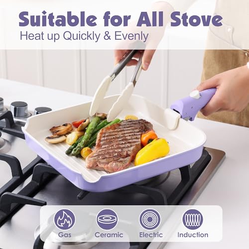 17 Piece Ceramic Detachable Handle Pots and Pans Set Purple (Purple / 17 Piece)