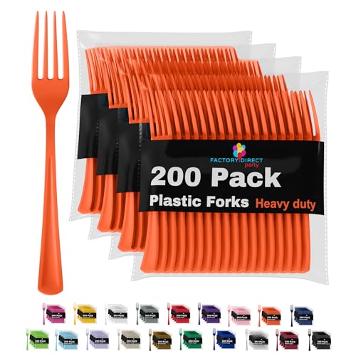 Orange Plastic Forks 200 Pieces Orange Forks Disposable Utensils Heavy Duty Plastic Cutlery Set Disposable Cutlery Sets Flatware Sets Silverware Set Party Supplies & Party Tableware (Orange / Forks)