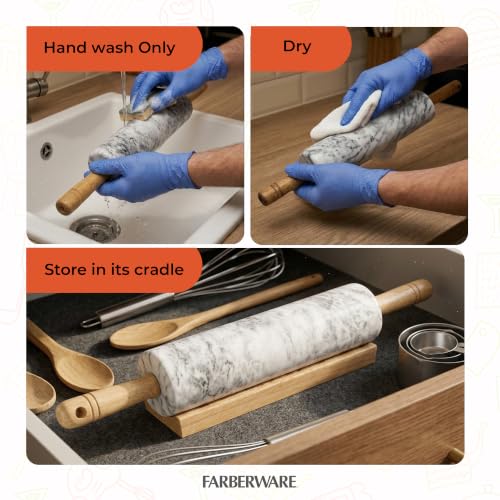Dough Rolling Pin with Wooden Stand (Marble)