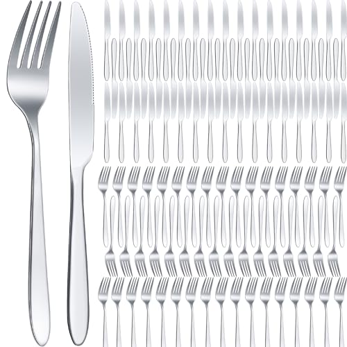 100 Pcs Stainless Steel Forks and Knives (8.4 Inches, 7.1 Inches / Silver)