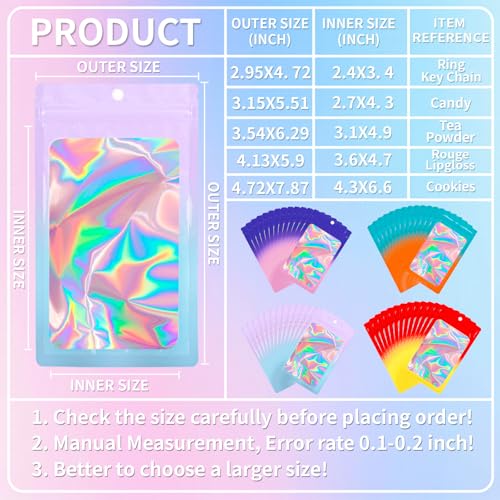 200 Pack Resealable Mylar Holographic Bags Food Storage Smell Proof Bags with Front Window Foil Packaging Pouch for Candy Sample Jewelry Small Business 4.13×5.91 Inch (200 Count)