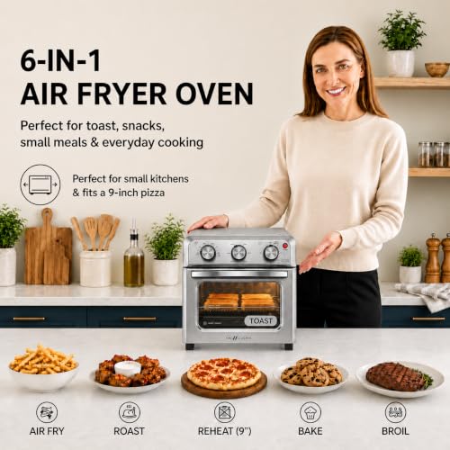 6-in-1 Air Fryer Toaster Oven Combo, Compact 12.7 QT Small Countertop Convection Oven, Fits 9" Pizza & 4 Toast, Hexagon Hybrid Heating, Enamel Baking Pan Included, Stainless Steel Finish (12.7-QT Brushed Stainless Steel Finish)