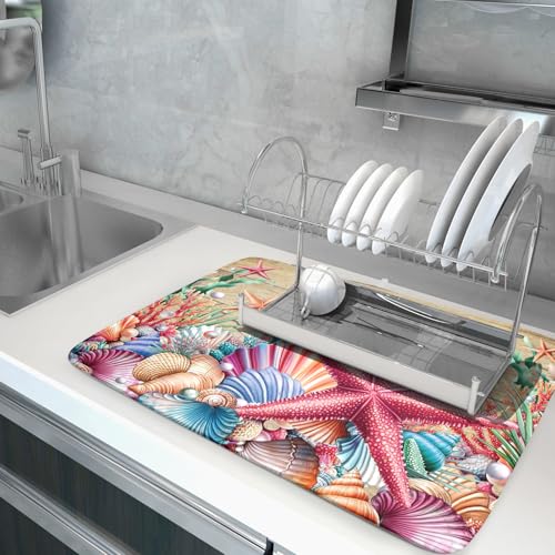 Dish Drying Mat for Kitchen Counter (Beach Starfish 0317 / 24" x 18")