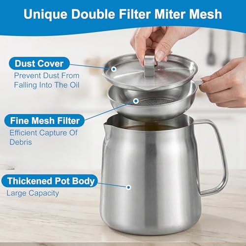 68oz Stainless Steel Oil Filter Pot with Deep Fryer Basket & Oil Strainer (2.1 quarts)