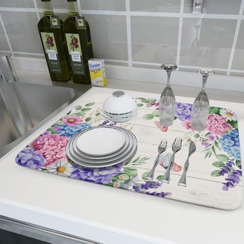 Hydrangea Floral Dish Drying Mat 18x24 inch Spring Summer Decorative Fast Dry Dishes Draining Mats Absorbent Microfiber Drainer Rack Pad (Hydrangea Floral / 18" x 24")