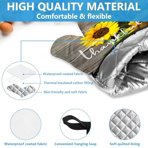 Sunflower Wood Grain Oven Mitts and Pot Holders Sets Heat Resistant 4Pcs Potholders Oven Gloves Hot Pads for Kitchen Baking Cooking Grilling BBQ (Thankful Grateful Blessed)