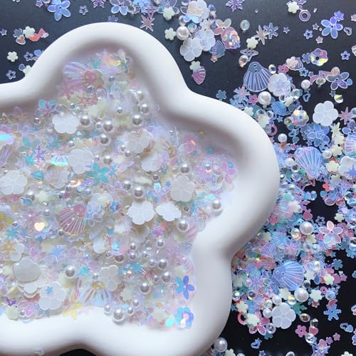 Sequins Holographic Polymer Clay Slices Nail Glitter 3D Holographic Snowflake Shell Butterfly Plum Blossom Nail Sequins Slices Polymer Clay Nail Decals for DIY Nail Decoration