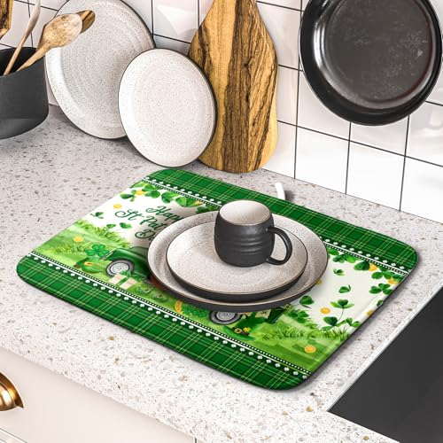 Shamrock Truck Dish Drying Mat Buffalo Check Dish Drainer Mat 16x18 inch Reversible Microfiber Quick Dry Rack Pad for Kitchen Counter Sink (Shamrock Truck Plaid / 16" x 18")