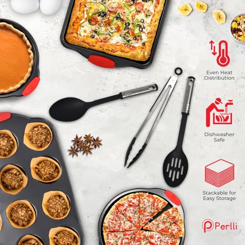 Non-Stick 17-Piece Baking Pan Set, BPA-Free Carbon Steel Bakeware Set with Silicone Handles, Stackable Kitchen Oven Set, Cookie Sheet, Baking Tray, Baking Sheet Set, Utensils, Oven Safe (446°F) (17 Piece)