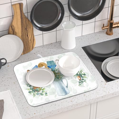 Sage Green Dish Drying Mat for Kitchen Counter (cooking supplies / 16" x 18")