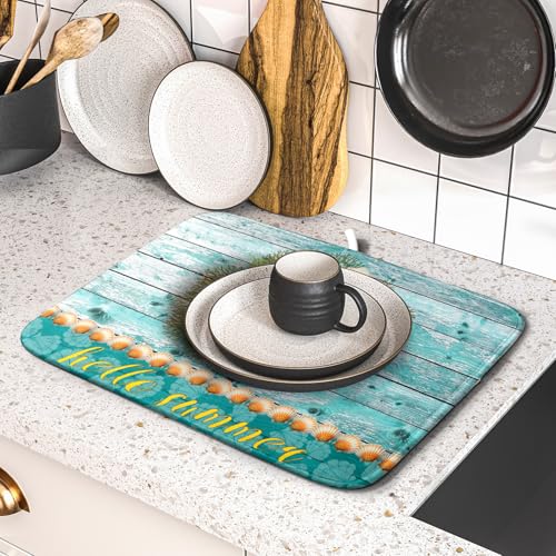 Coastal Wreath Dish Drying Mat 16x18 inch Starfish Shell Absorbent Microfiber Dish Rack Mats Drainer Pad Kitchen Countertop Accessories (Coastal Wreath / 16" x 18")
