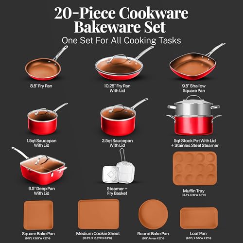 20 Pc Pots and Pans Set Nonstick Cookware + Bakeware Set (Red / 20 Piece Set)