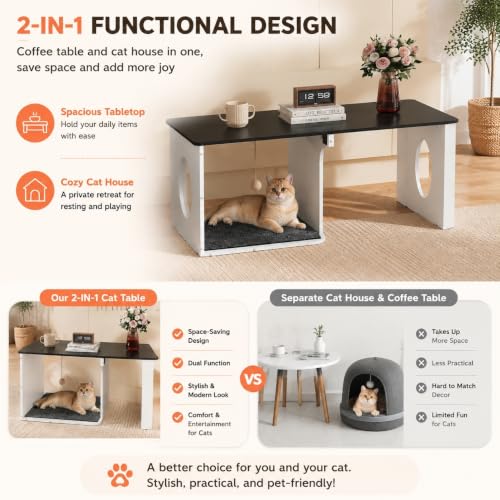 Coffee Table Cat House with Cat Scratcher Pad + Ball (Urban White / 47" with Shelf)