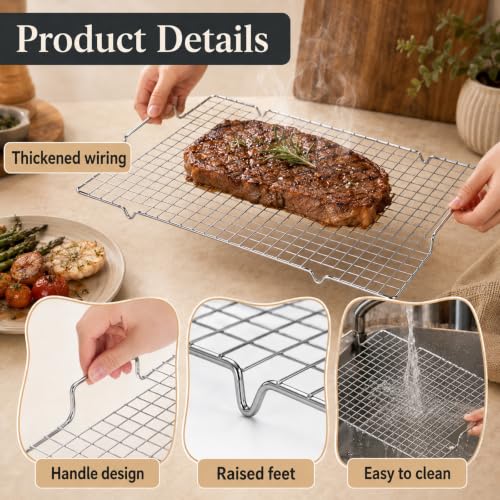 4 Pack Heavy Duty Wire Cooking Rack Baking Racks with Handle 14.1" x 10.7" (Silver)