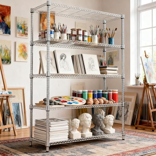 1750LBS 47.2" W 5 Tiers Shelf Steel Storage Shelves Metal Shelving Unit Steel Organizer Wire Rack for Home (5 tier, 17.7" D x 47.2" W x 72.4" H / Chrome)