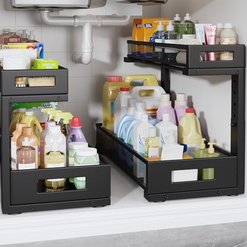2 Pack 19IN Depth Under Sink Storage Organizer (Black / 2 Pack-19"Dx11.4"-16.14"H)