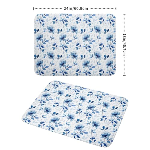 Blue Floral Dish Drying Mat 18x24 inch Flower Leaves Dish Rack Pad Microfiber Washable Dishes Drainer Pad Kitchen Countertop Accessories (Blue Floral / 18" x 24")