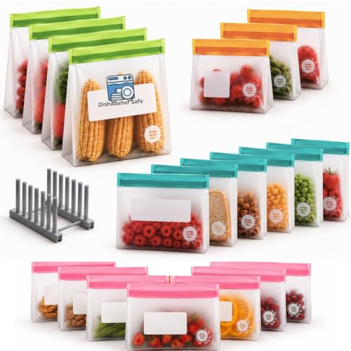 Reusable Food Storage Bags (21 Pack of 4 Gallon, 6 Large, 7 Medium, 3 Small Bags, Plus 1 Rack (Multicolors))