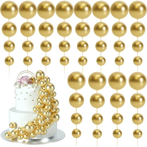 48 Pcs Gold Balls Cake Topper Decorations Balloon Cupcake Toppers Foam Cake Topper Balls Cake Balls Decorations for Birthday Party Wedding Anniversary Cake Decorating (48 Count)