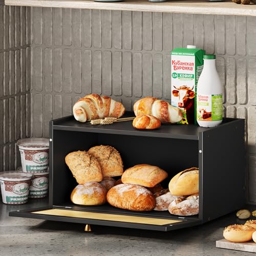 Rattan Bamboo Bread Box for Kitchen Counter Large Capacity Bread Storage Bin Farmhouse Bread Storage Container Rustic Bread Holder (Black)