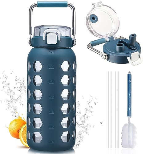 64oz Glass Water Bottle with Straw and Lid (Blue / 64 Ounces)