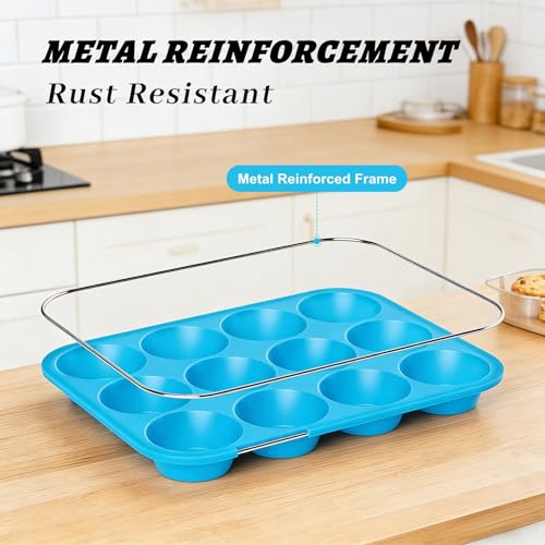 2Pack Silicone Muffin Pans with Metal Reinforced Frame (2Pack Blue)