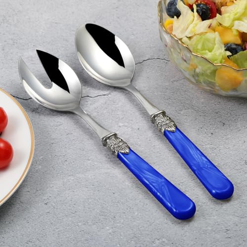 2 piece Salad Servers Stainless Steel Salad Serving Set Salad Fork and Spoon (Deep Blue)